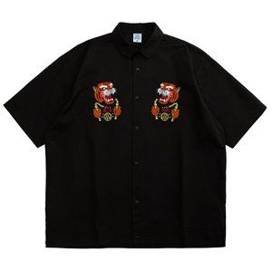 Tiger Embroidery Button Up Shirt Streetwear Japanese Fashion Black Tee inf-9011S